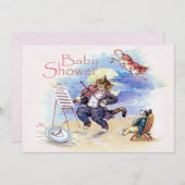 猫および止め枠のベビーシャワーのピンク 招待状 (正面/裏面)