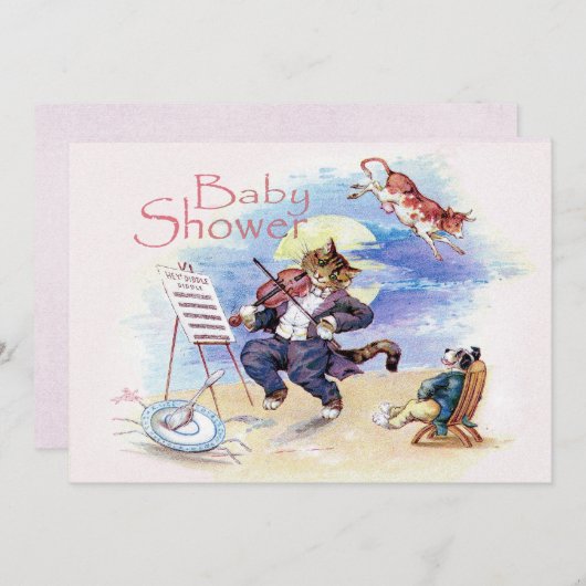 猫および止め枠のベビーシャワーのピンク 招待状 (正面/裏面)