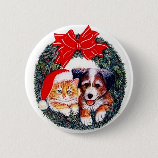 猫および犬のクリスマスボタン 缶バッジ (正面)
