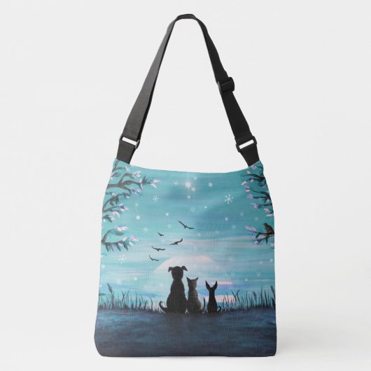 猫および犬の冬の日没 クロスボディバッグ (正面)