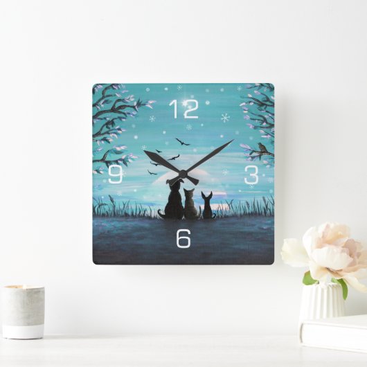 猫および犬の冬の日没 スクエア壁時計 (ホーム)