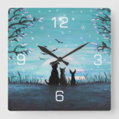 猫および犬の冬の日没 スクエア壁時計 (正面)