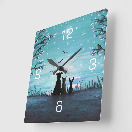 猫および犬の冬の日没 スクエア壁時計 (傾斜)