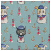 猫および犬の船員の航海のな水彩画パターン ファブリック (クローズアップ)