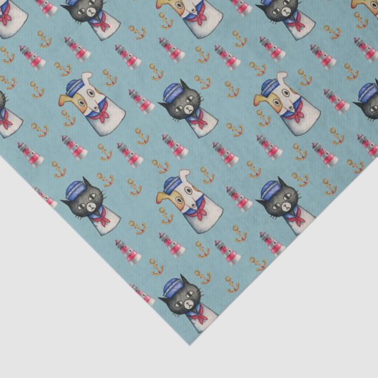 猫および犬の船員の航海のな水彩画パターン 薄葉紙 (詳細)