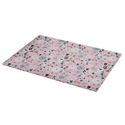 猫および花のパターン カッティングボード (角)