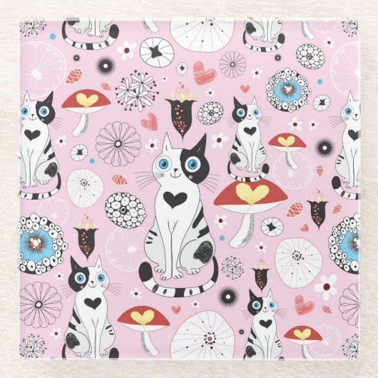 猫および花のパターン ガラスコースター (正面)