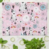 猫および花のパターン キッチンタオル (折り畳み)