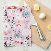 猫および花のパターン キッチンタオル (四つ折り)