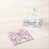 猫および花のパターン スクエアペーパーコースター (インサイチュ)