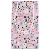 猫および花のパターン スモールペーパーバッグ (正面)