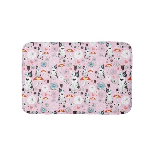 猫および花のパターン バスマット (正面)