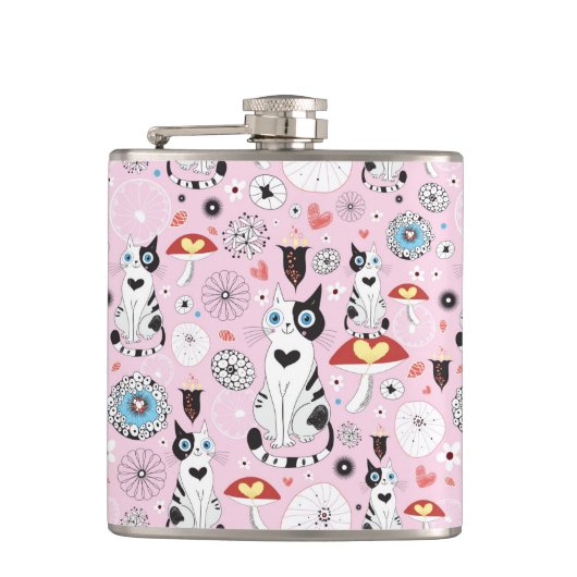 猫および花のパターン フラスク (正面)