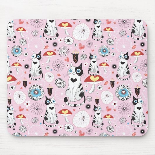 猫および花のパターン マウスパッド (正面)
