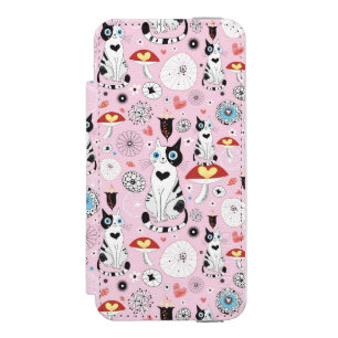 猫および花のパターン iPhone SE/5/5sウォレットケース