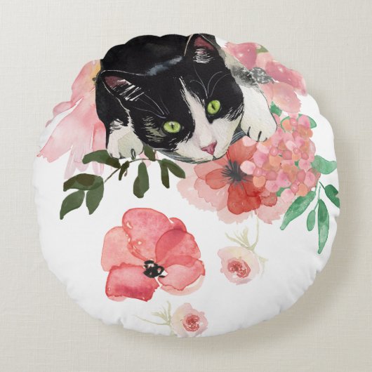 猫および花の円形の装飾用クッション(16") ラウンドクッション (正面)