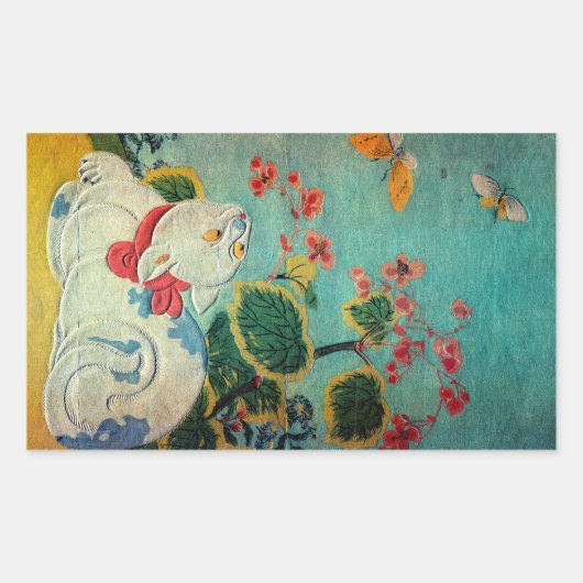 猫および蝶、Suzuki Harunobu 長方形シール (正面)