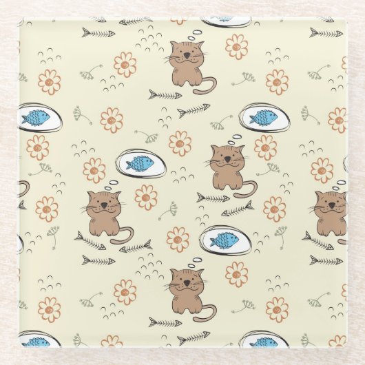 猫および魚パターン ガラスコースター (正面)