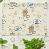 猫および魚パターン キッチンタオル (折り畳み)