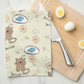 猫および魚パターン キッチンタオル (四つ折り)