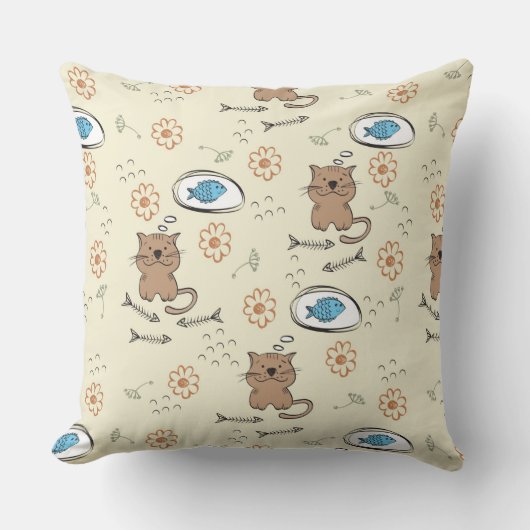 猫および魚パターン クッション (正面)