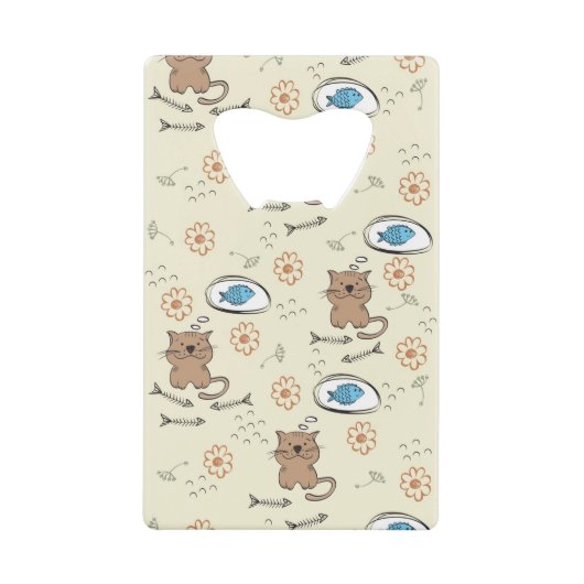 猫および魚パターン クレジットカード栓抜き (正面)