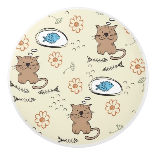 猫および魚パターン セラミックノブ (正面)