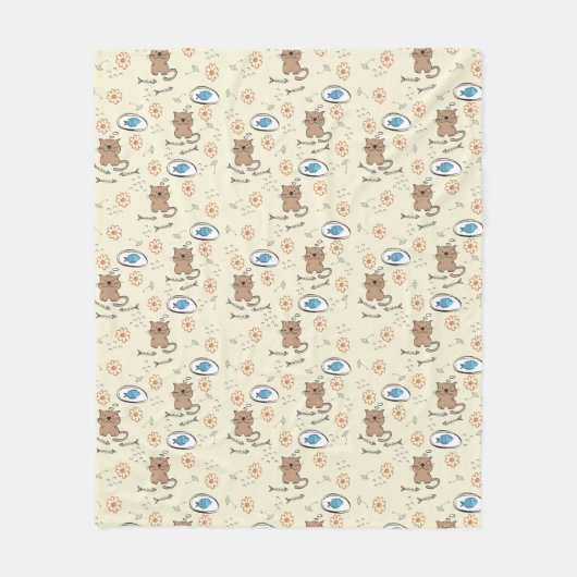 猫および魚パターン フリースブランケット (正面)