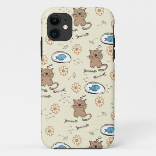 猫および魚パターン iPhone 11 ケース