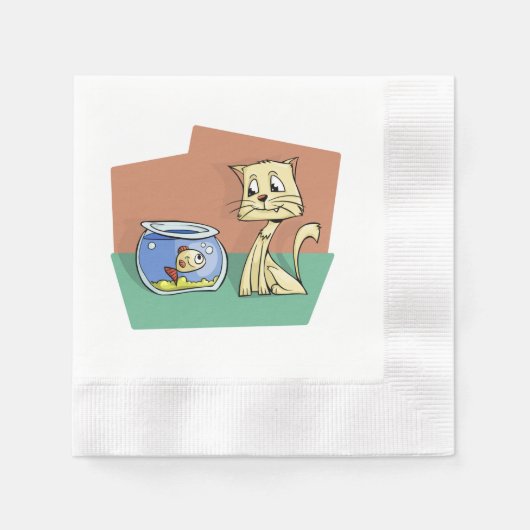 猫および魚ボールのclipart 縁ありカクテルナプキン (正面)