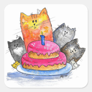 猫お洒落とお誕生日ケーキ スクエアシール