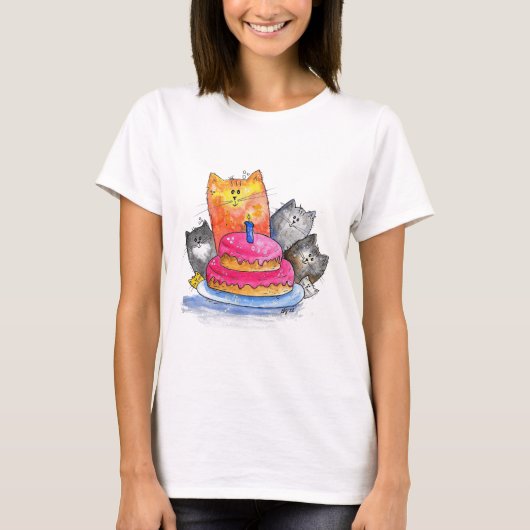 猫お洒落とお誕生日ケーキ Tシャツ (正面)