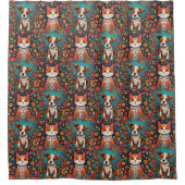 猫お洒落と犬にフォークアートの花 シャワーカーテン (正面)