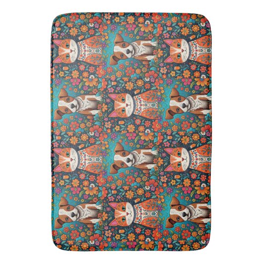 猫お洒落と犬にフォークアートの花 バスマット (正面縦)