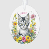 猫お洒落と花のクリパーソナライズされたスマス オーナメント (正面)