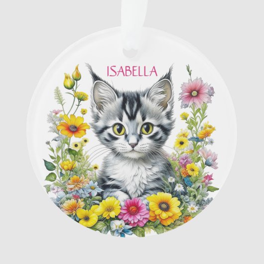 猫お洒落と花のクリパーソナライズされたスマス オーナメント (正面)