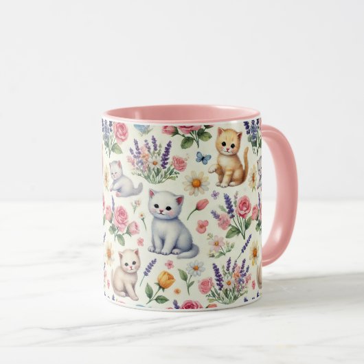 猫お洒落と花マグカップ – かわいいコーヒーカップ マグカップ (正面右)
