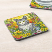 猫お洒落と花 コースター (左側)
