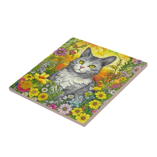 猫お洒落と花 タイル (側面)