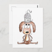 猫お洒落を頭に乗せた可愛い犬 ポストカード (正面/裏面)