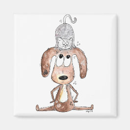 猫お洒落を頭に乗せた可愛い犬 マグネット