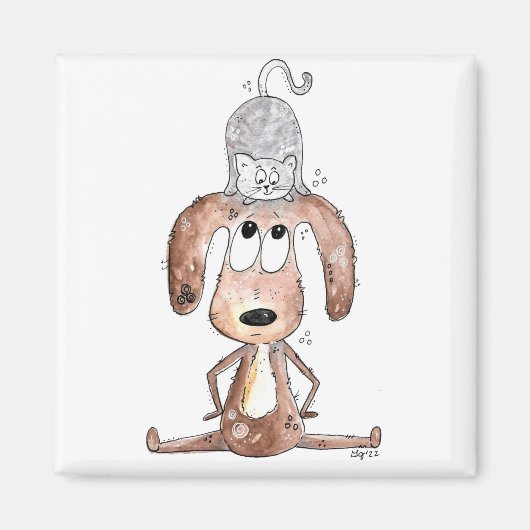 猫お洒落を頭に乗せた可愛い犬 マグネット (正面)