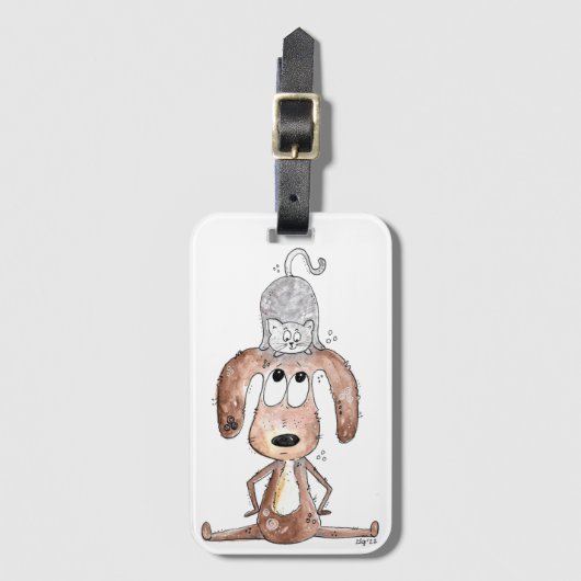 猫お洒落を頭に乗せた可愛い犬 ラゲッジタグ (正面縦)