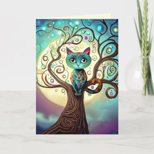 猫お洒落カラフル満月のアートワーク カード (正面)