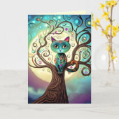 猫お洒落カラフル満月のアートワーク カード (黄色い花)