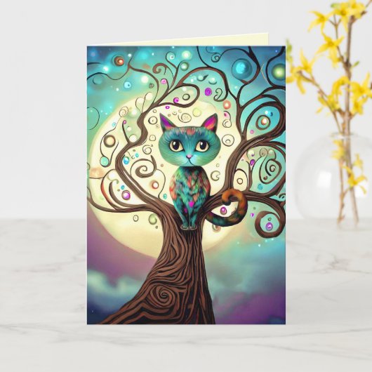 猫お洒落カラフル満月のアートワーク カード (黄色い花)