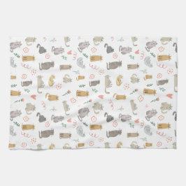 猫お洒落ニュートラルカラーイラストレーション キッチンタオル