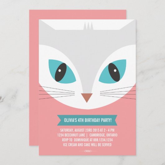 猫お洒落子供の誕生日パーティの招待状 招待状 (正面/裏面)