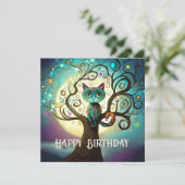 猫お洒落満月アートワーク誕生日フラットカード (スタンド正面)