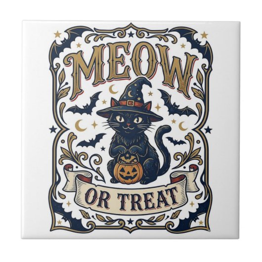 猫かお菓子か 猫 ハロウィン スプーキー 猫 ヴィンテージ Vec タイル (正面)